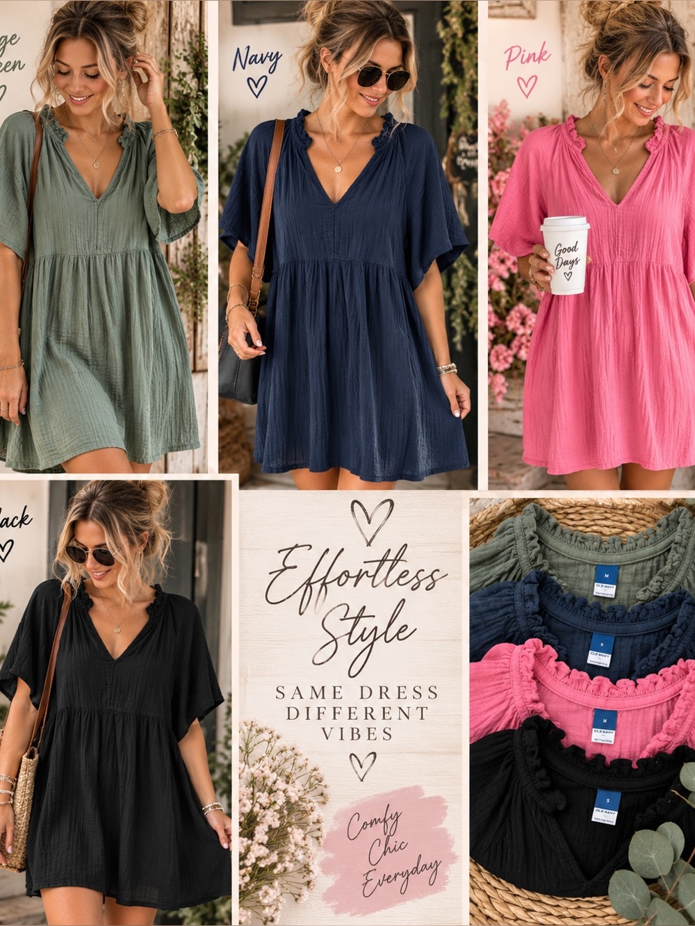 Old Navy Effortless V-Neck Smocked Mini Dress - Pink, Navy, Sage, Black